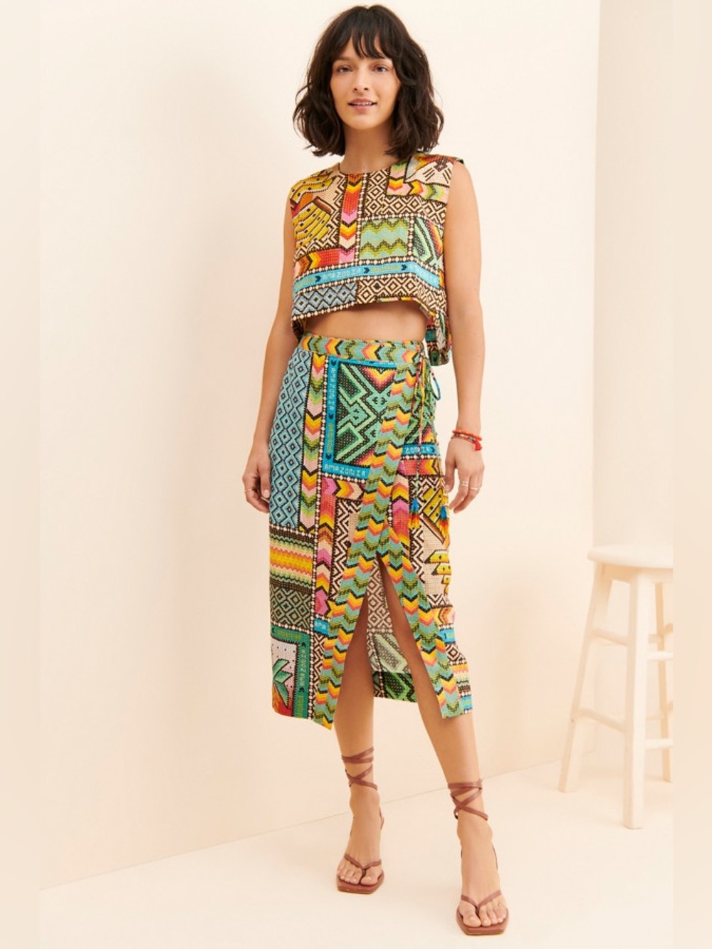 NWT Farm Rio Set Banana 100% Linen Crop Top + Midi Skirt XS